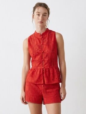 NWT Zara Woman Bloggers Fav GUIPURE TOP WITH FIREMAN CLASP Red Size XS